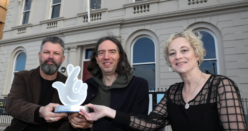 Snow Patrols Gary Lightbody with Kieran and Alison (Kieran Gilmore, Director of Open House, Alison Gordon, Development Director of Open House)